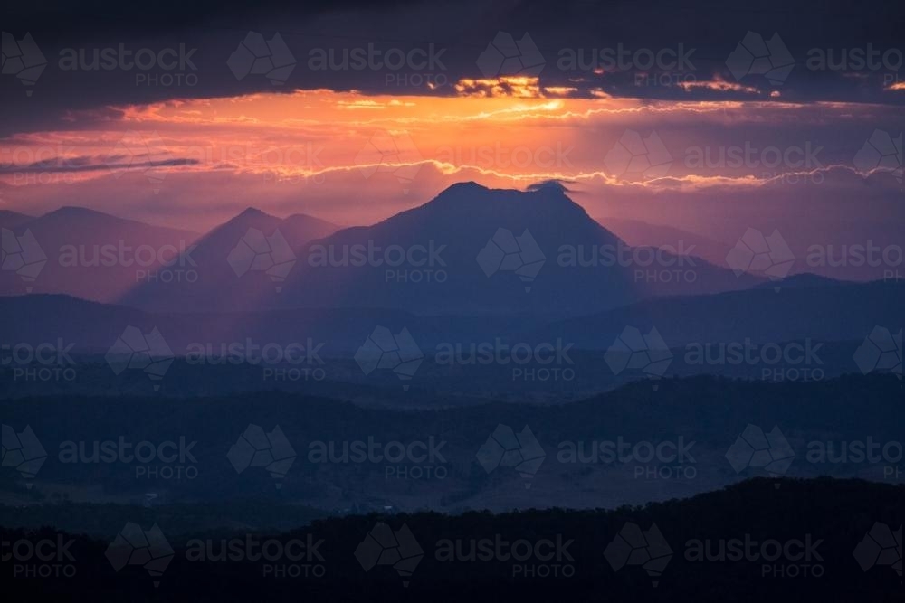 Dramatic sunset over Mount Barney - Australian Stock Image
