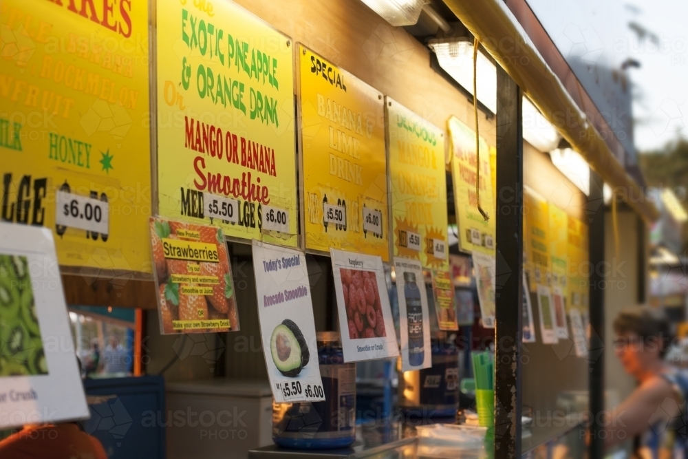 Drink stall at beach market in tropical location - Australian Stock Image