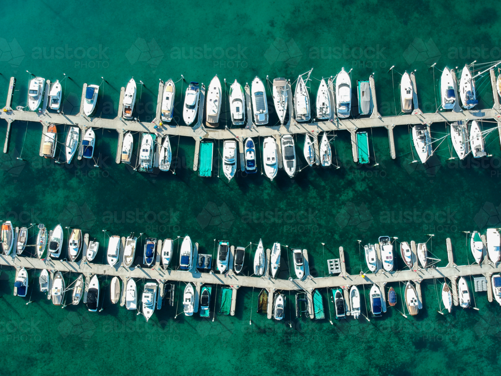 Drone image of boats and yachts in marina boat club - Australian Stock Image