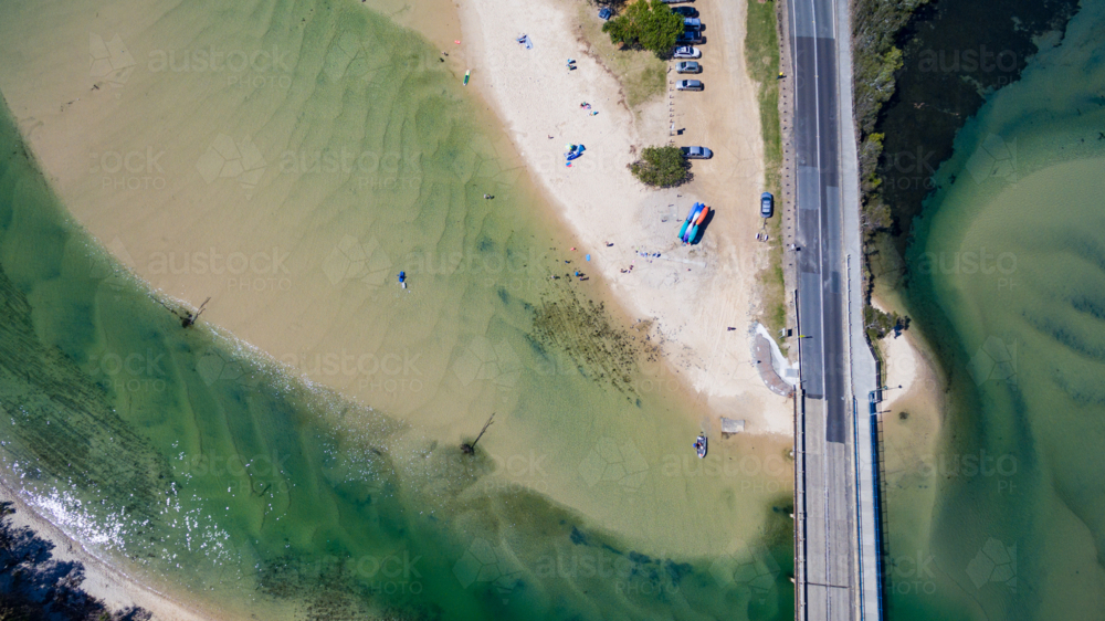 Drone image of bridge over Cudgera Creek at Hastings Point, NSW - Australian Stock Image