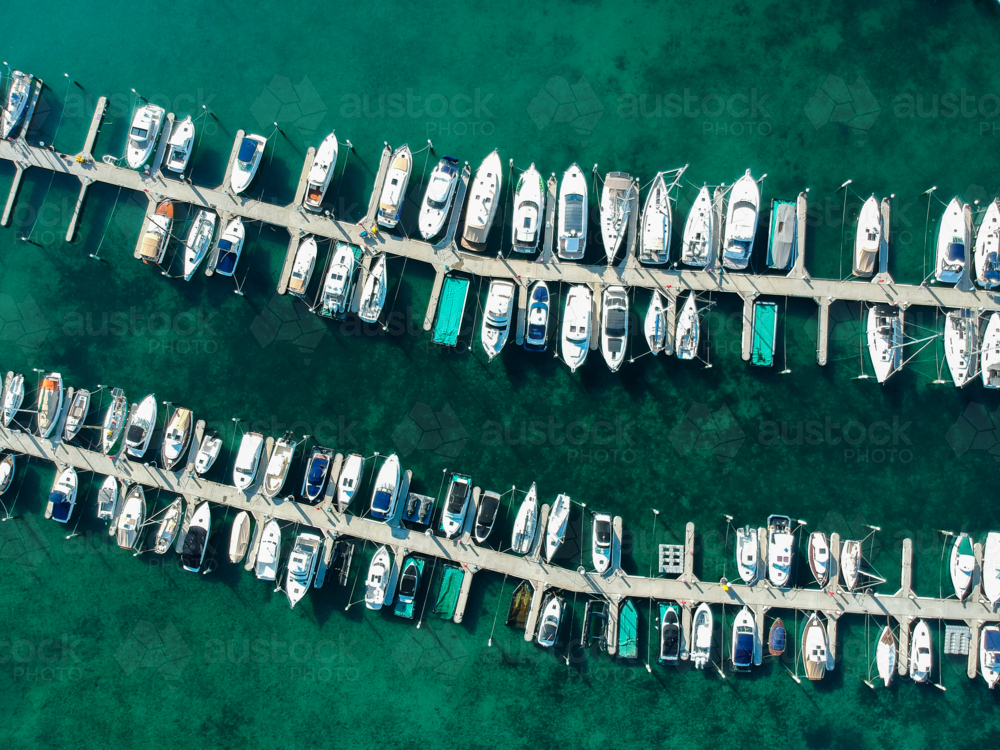 Drone image of rows of boats and yachts in boat club - Australian Stock Image