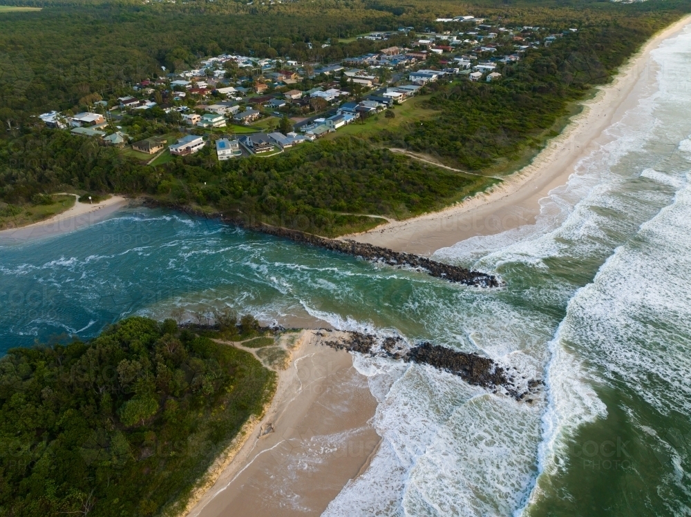 Drone images of Mooball Creek mouth at Pottsville - Australian Stock Image