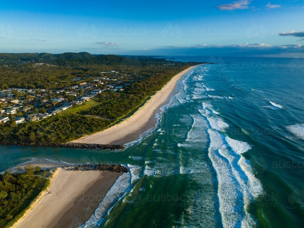 Drone images of Mooball Creek mouth at Pottsville - Australian Stock Image