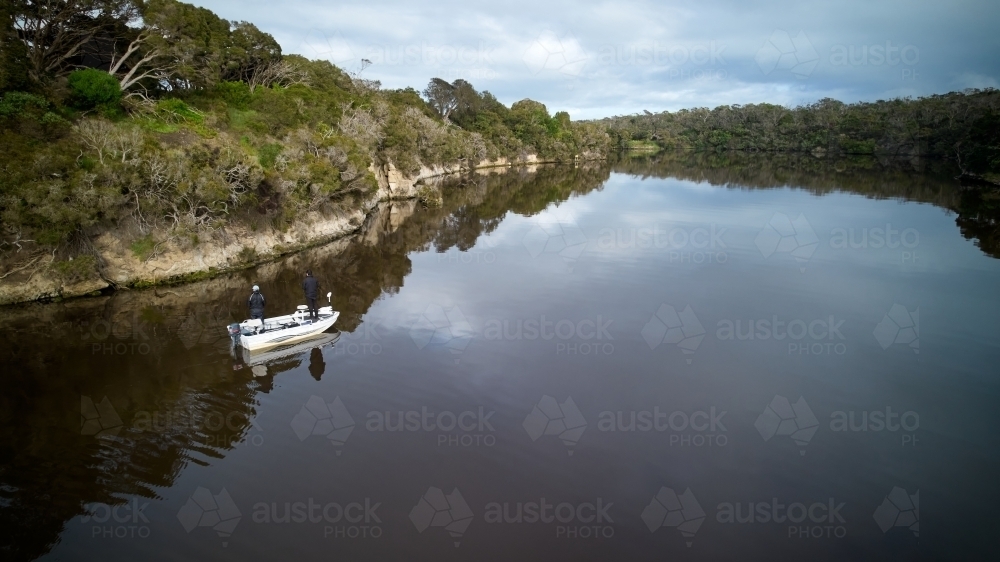 Drone Photo of two Fishers on Glenelg River in Victoria - Australian Stock Image