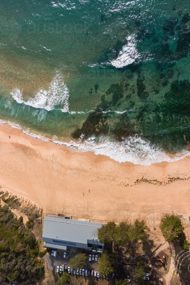drone shot of beach and surf club - Australian Stock Image