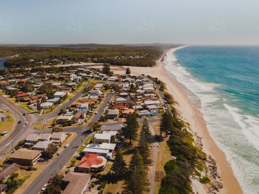 Drone shot of beachfront properties at Lake Cathie - Australian Stock Image