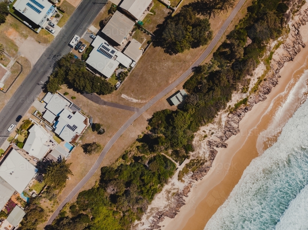 Drone shot of beachfront properties at Lake Cathie - Australian Stock Image