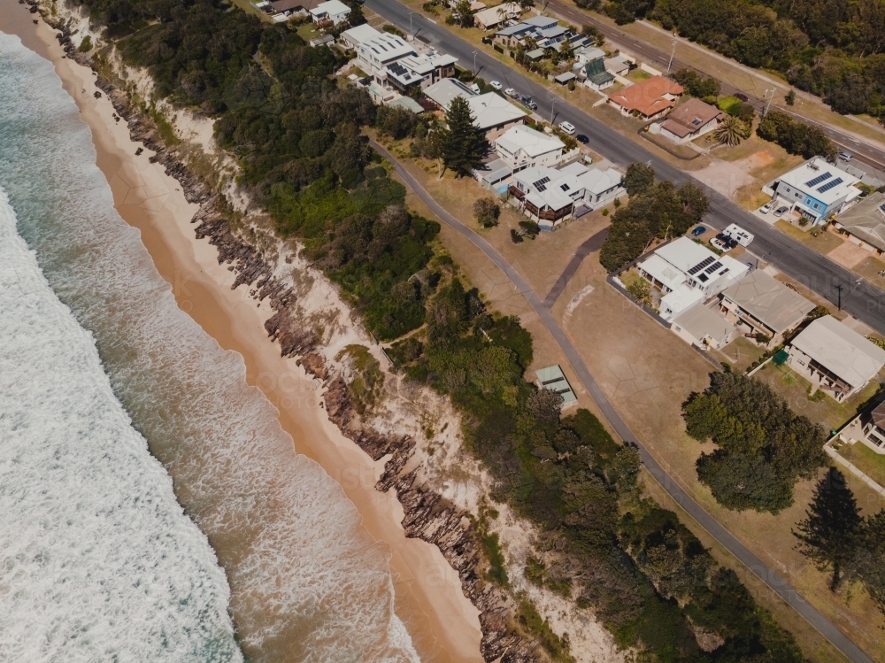 Drone shot of beachfront properties at Lake Cathie - Australian Stock Image