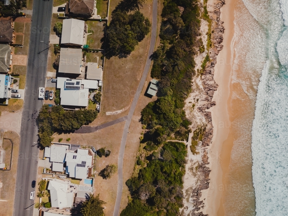 Drone shot of beachfront properties at Lake Cathie - Australian Stock Image