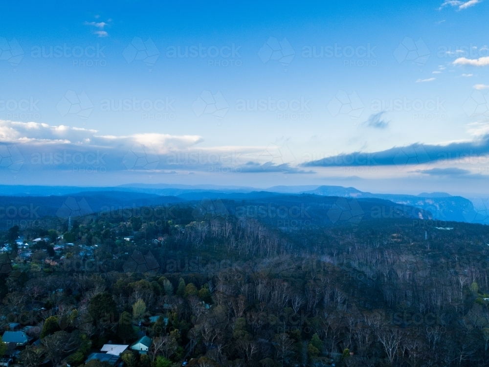 Drone view over blue mountains scenery as hills fade into distance - Australian Stock Image