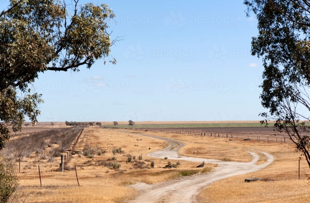Dry dirt roads in rural Australia winding through barren farmland - Australian Stock Image
