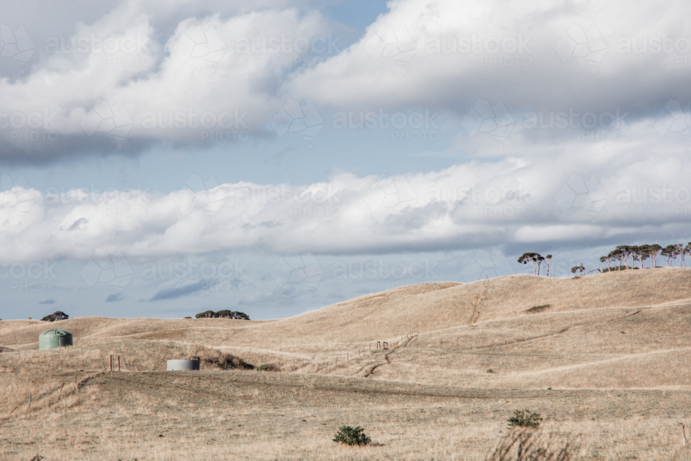 Dry, grassy rolling hills of a farm with water tanks - Australian Stock Image