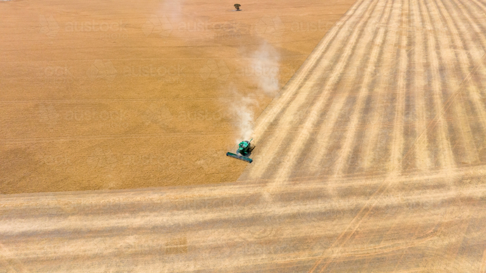 Dry-land farming machinery harvesting crop in farm paddock - Australian Stock Image