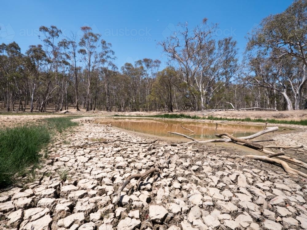 Dry mud flats leading to a dam - Australian Stock Image