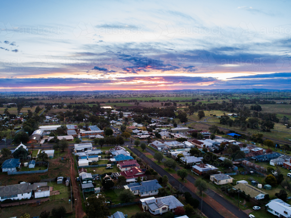 Dusk aerial view of Dunedoo a rural country town in central western New South Wales, Australia - Australian Stock Image