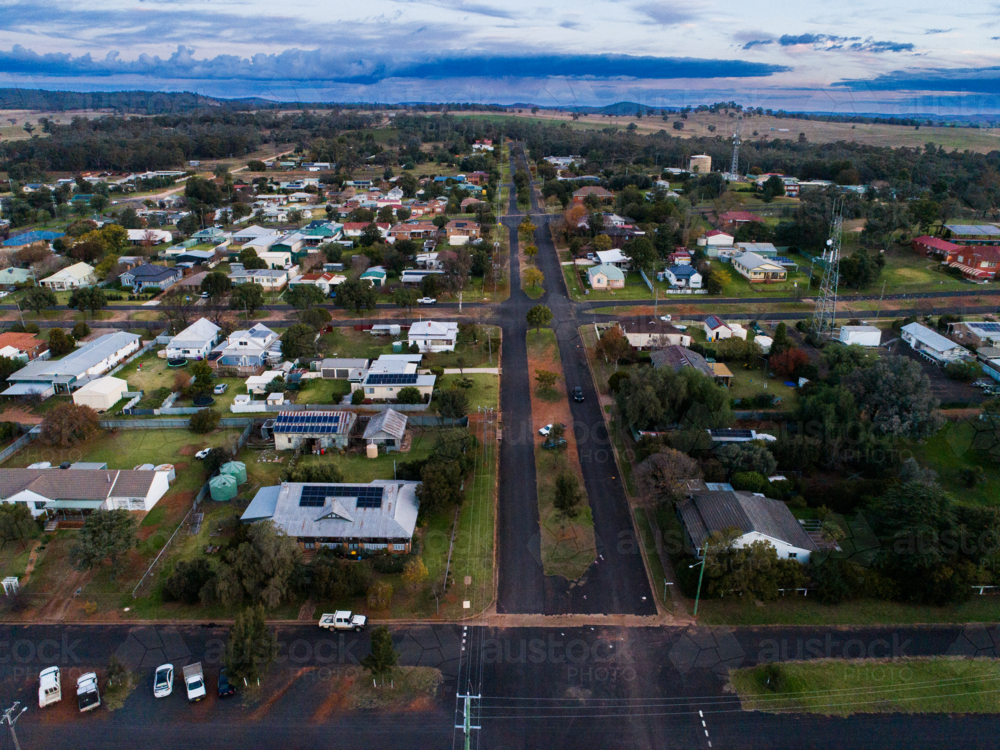 Dusk aerial view of Dunedoo a rural country town in central western New South Wales, Australia - Australian Stock Image