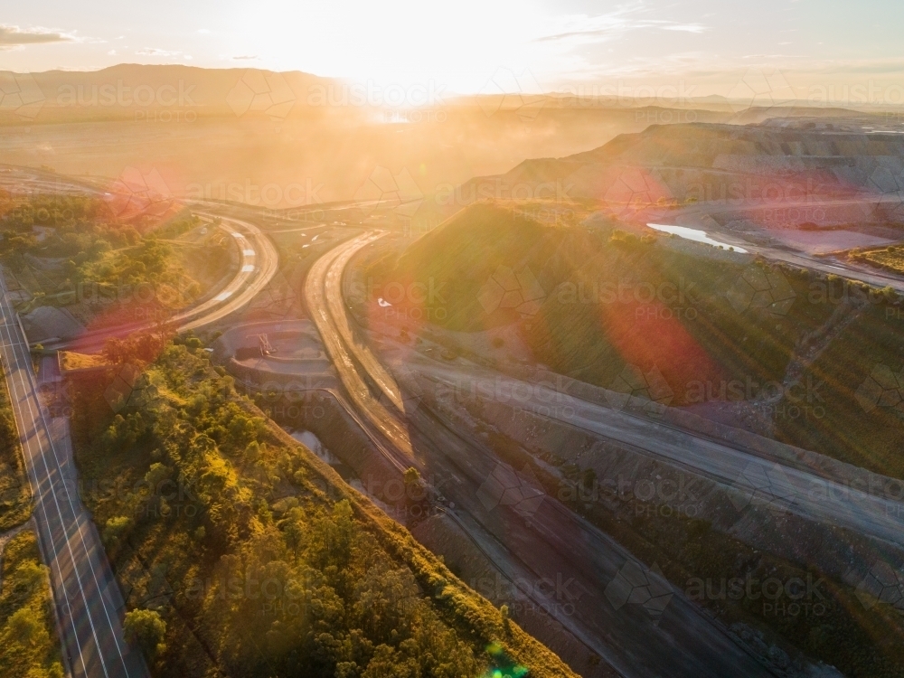 dust in air above open cut coal mine in NSW - Australian Stock Image