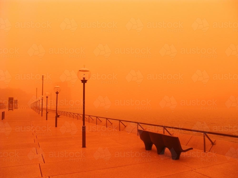 Dust storm over harbour and foreshores - Australian Stock Image