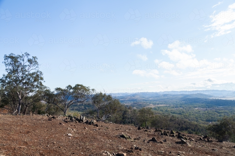 Dy rocky hillside paddock in harsh light - Australian Stock Image