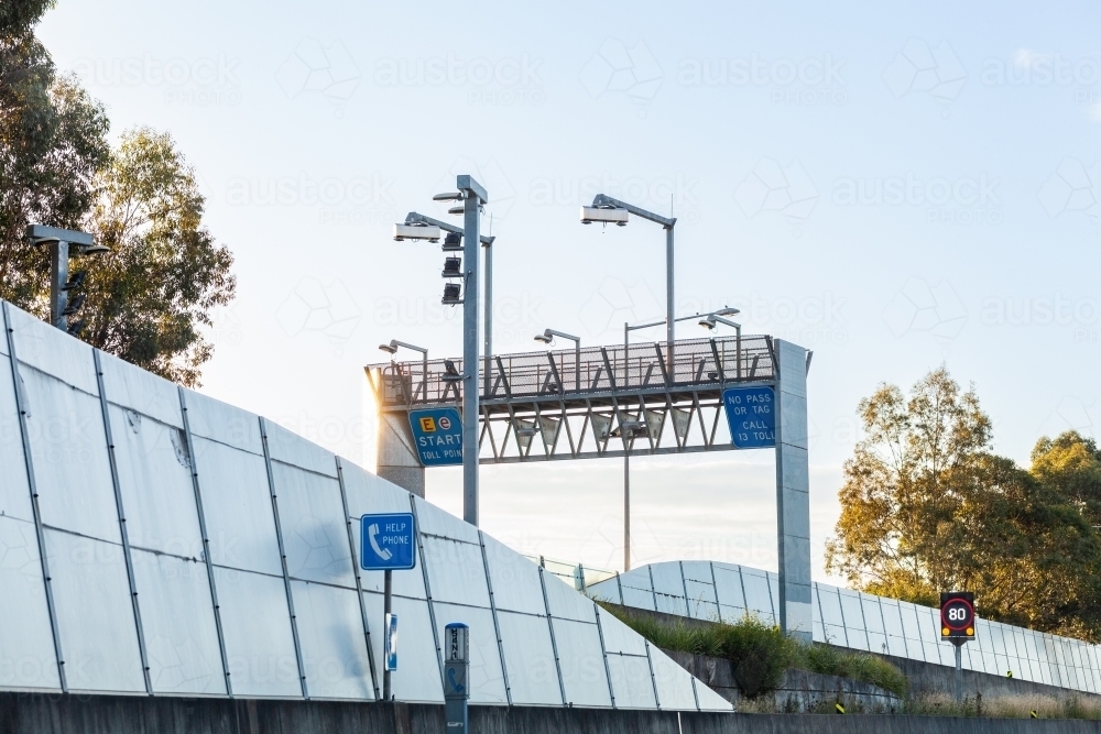 E tag toll way road entrance point and roadside phone - Australian Stock Image