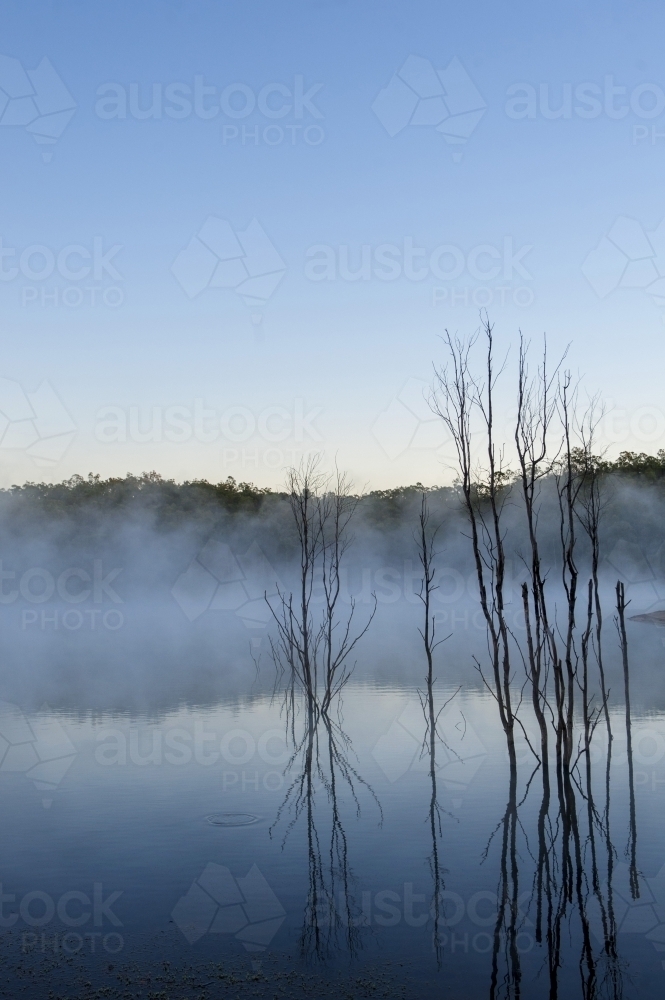 Early morning fog on lake at sunrise - Australian Stock Image