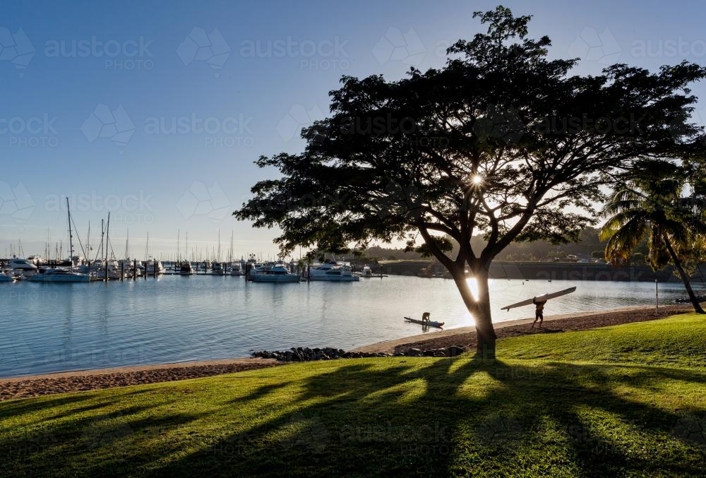 Early morning sunlight shines through tree beside water and boats - Australian Stock Image
