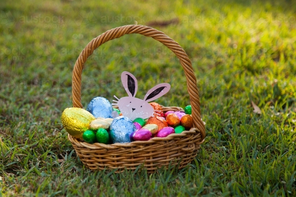 Image of Easter bunny and eggs in cane basket on the lawn Austockphoto