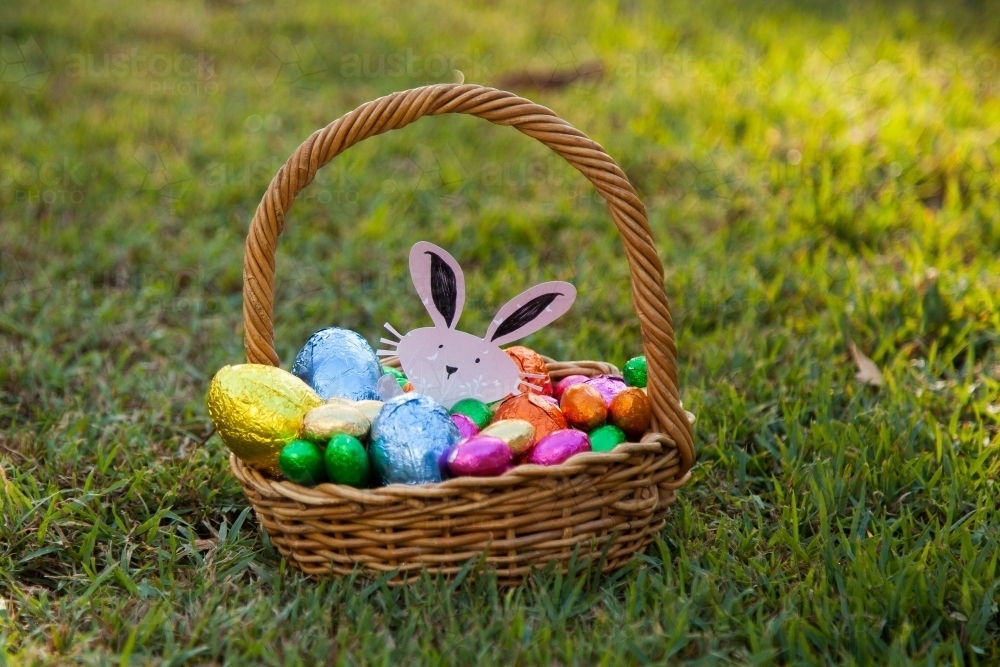 Easter bunny and eggs in cane basket on the lawn - Australian Stock Image