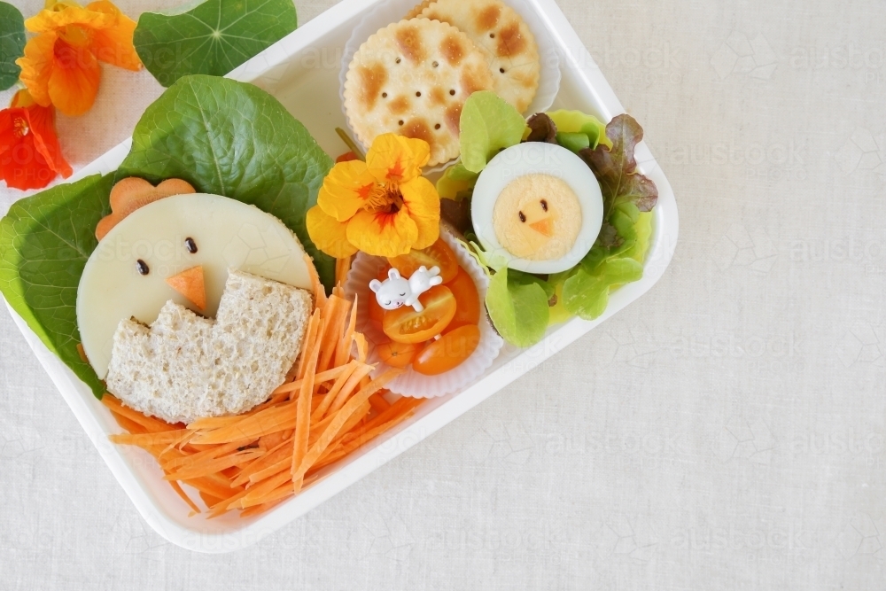 Easter chick lunch box, fun food art for kids - Australian Stock Image