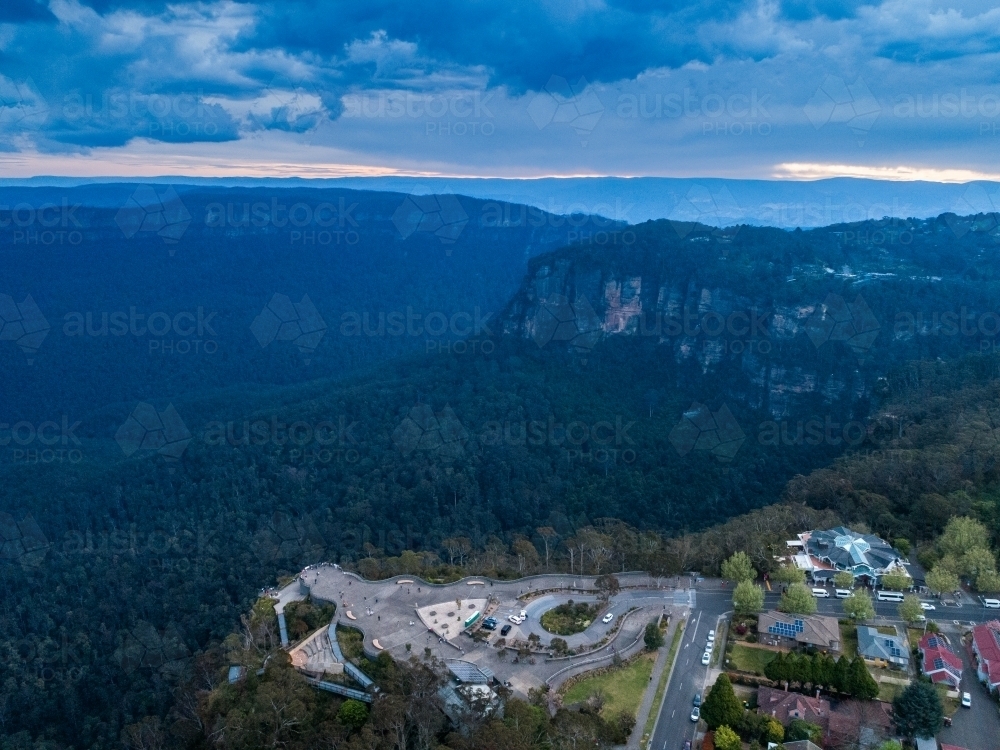 Echo Point lookout Katoomba in Blue Mountains seen from aerial view - Australian Stock Image