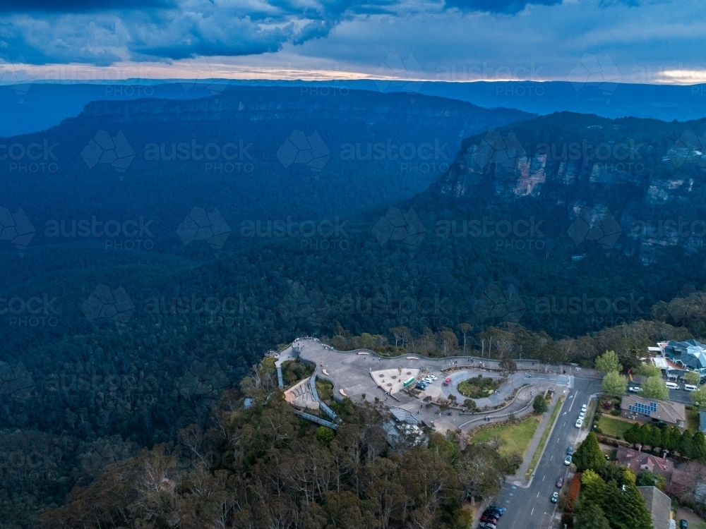 Echo Point lookout Katoomba in Blue Mountains seen from aerial view - Australian Stock Image