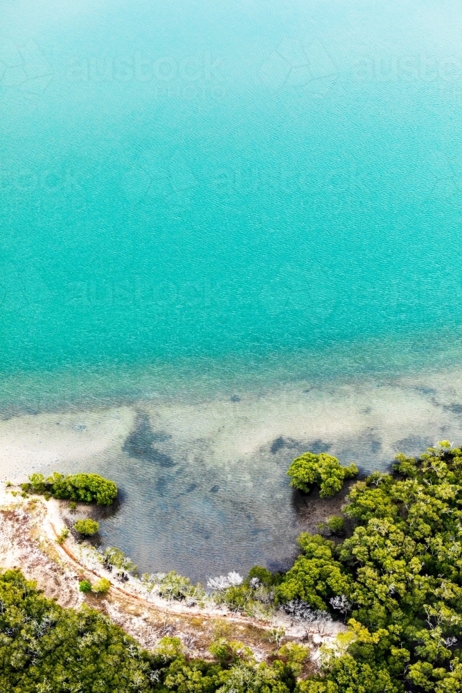 edge of island with mangroves and bright blue water - Australian Stock Image