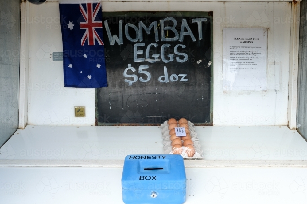 Eggs for sale at a roadside honesty box - Australian Stock Image