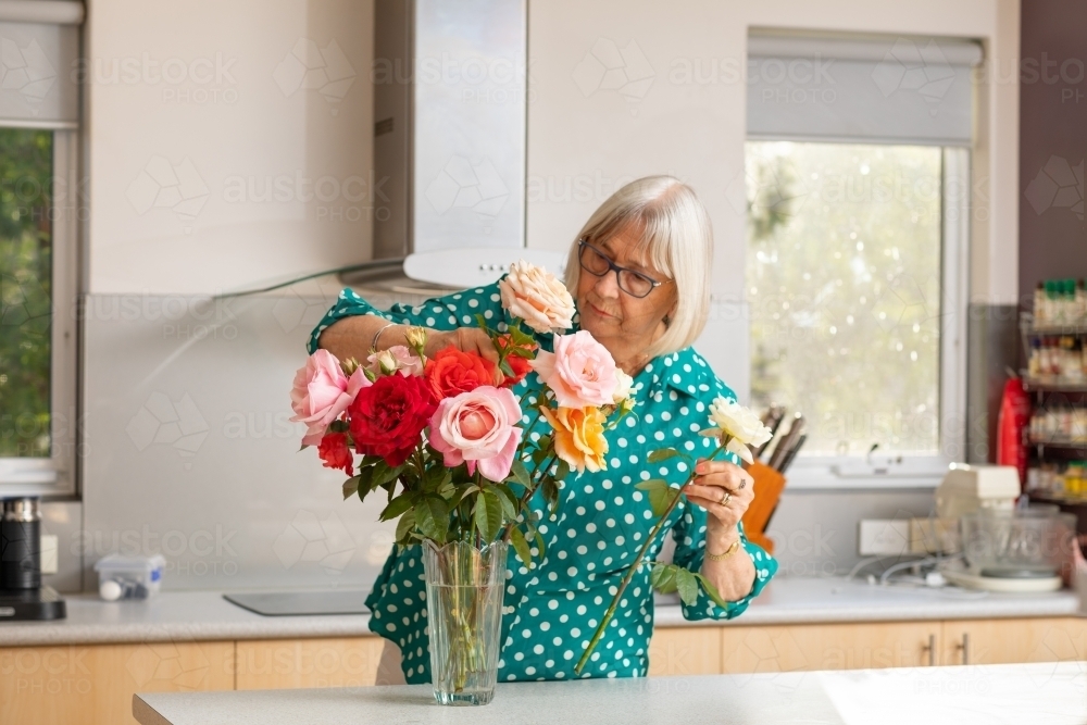 elderly lady arranging roses in vase in kitchen - Australian Stock Image