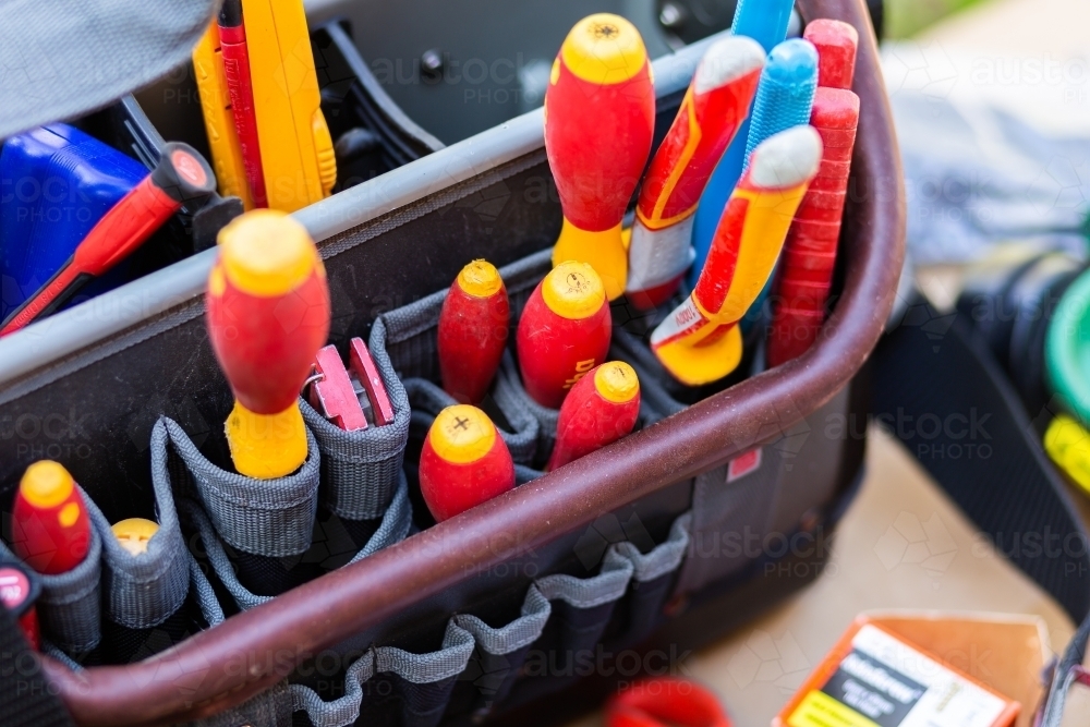 Image of electricians tool bag full of tools Austockphoto