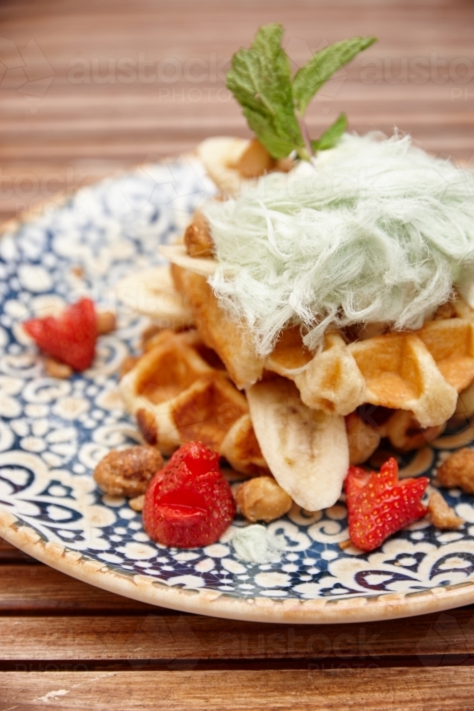 Elegant waffle dessert on table - Australian Stock Image