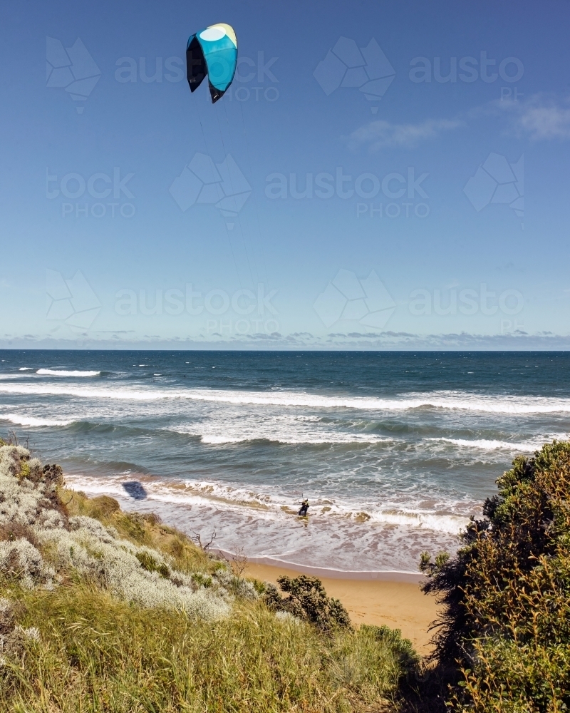 Elevated view of a beach and kitesurfer - Australian Stock Image
