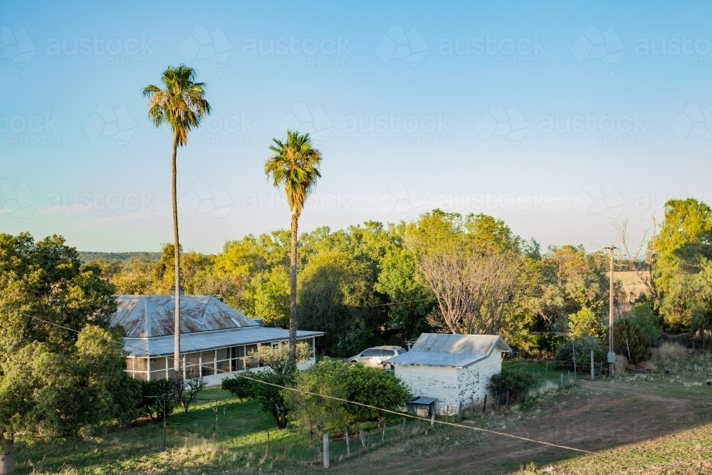 Elevated view of morning light on homestead farmyard - Australian Stock Image
