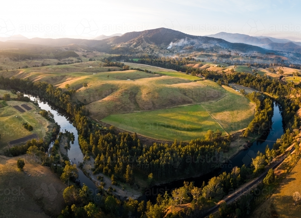 Elevated view of rural agricultural land and waterways - Australian Stock Image