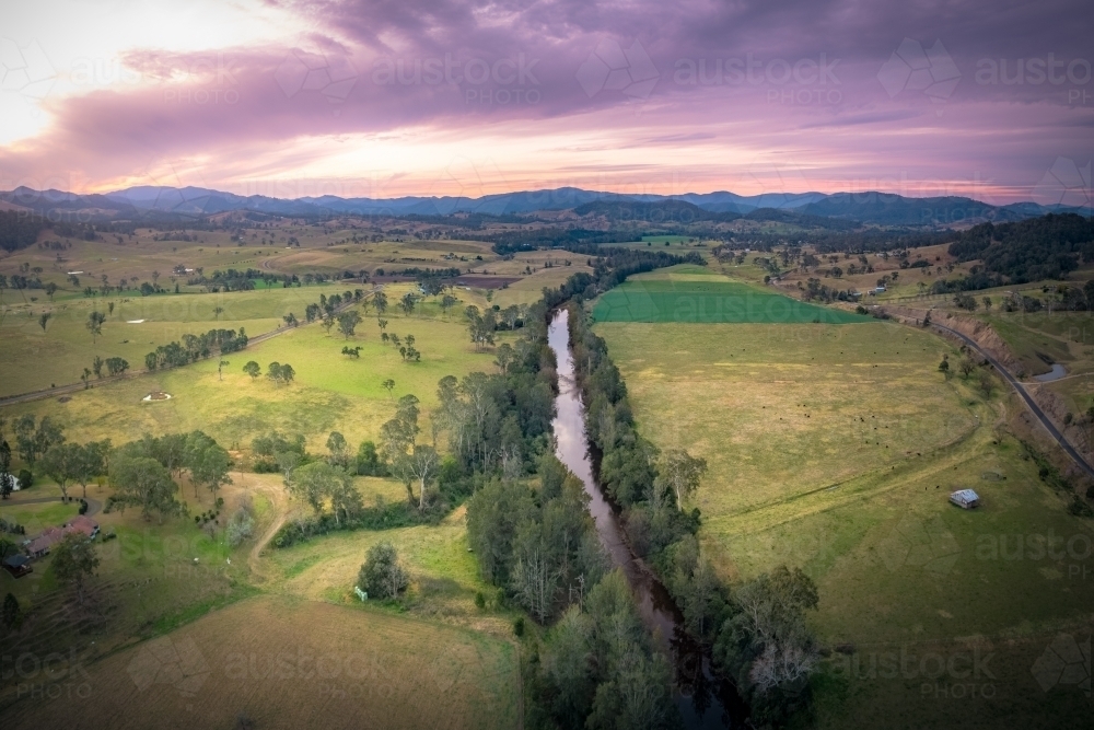 Elevated view of rural agricultural land and waterways - Australian Stock Image