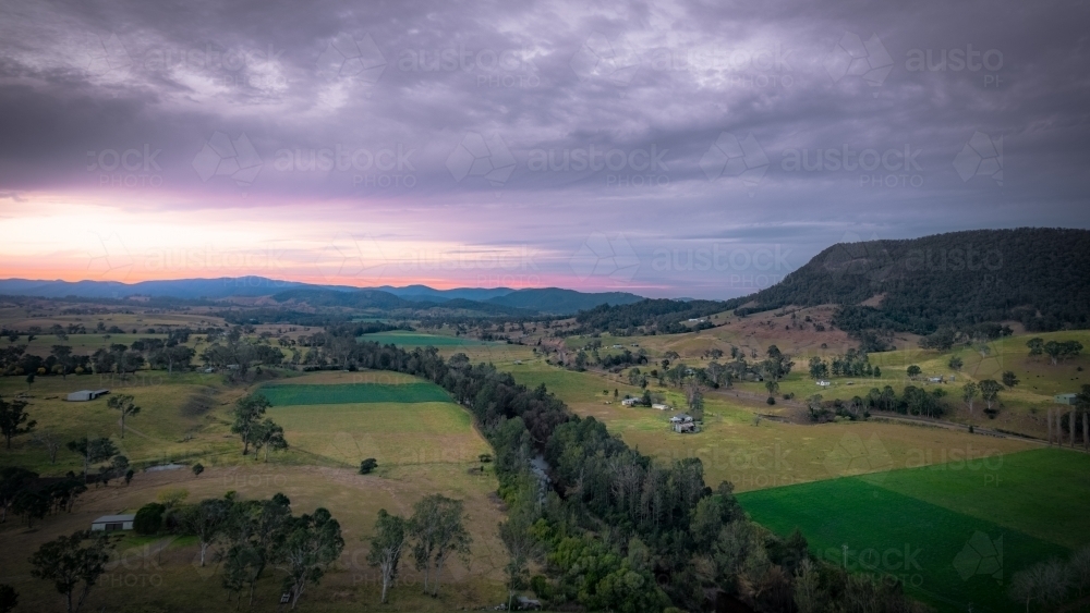 Elevated view of rural agricultural land and waterways - Australian Stock Image