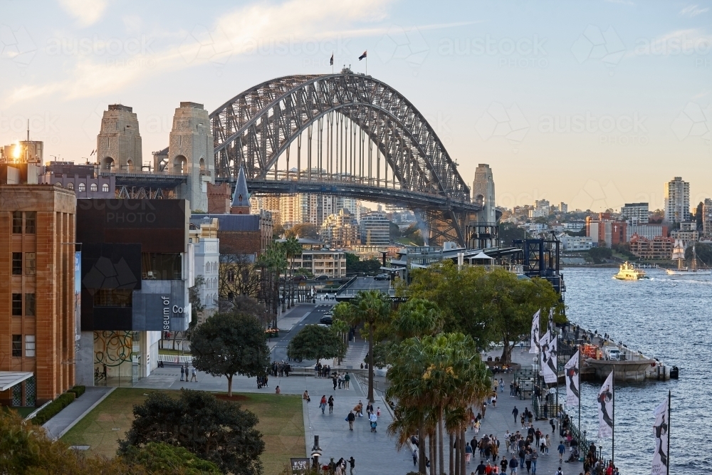 Elevated view of Sydney Harbour Bridge and The Rocks on dusk - Australian Stock Image
