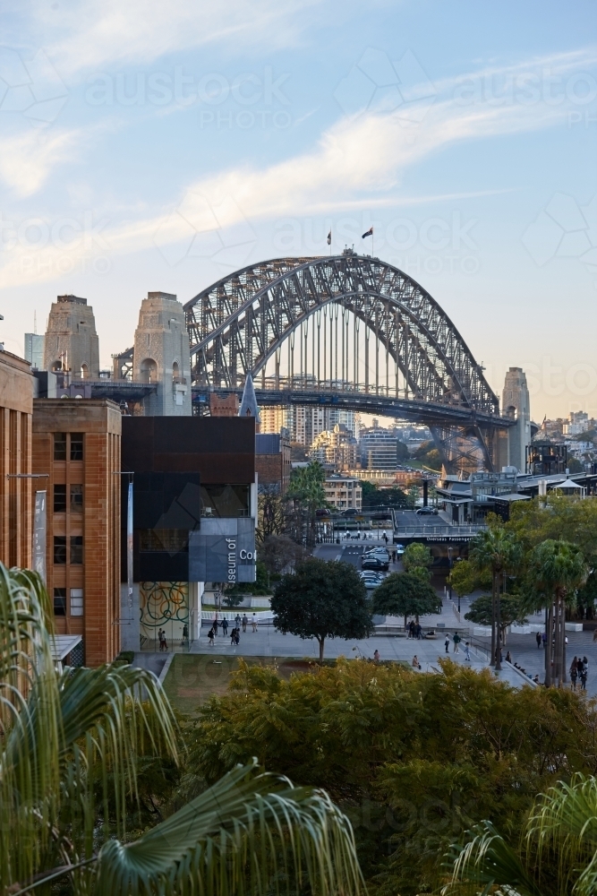 Elevated view of Sydney Harbour Bridge and The Rocks on dusk - Australian Stock Image