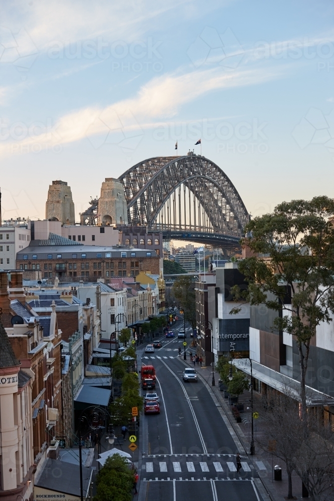 Elevated view of Sydney Harbour Bridge and The Rocks on dusk - Australian Stock Image