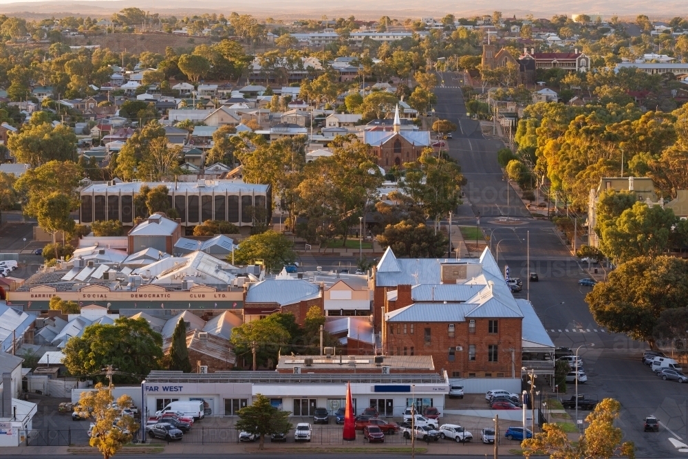 Image of Elevated view over the streets and rooftops of an outback city ...