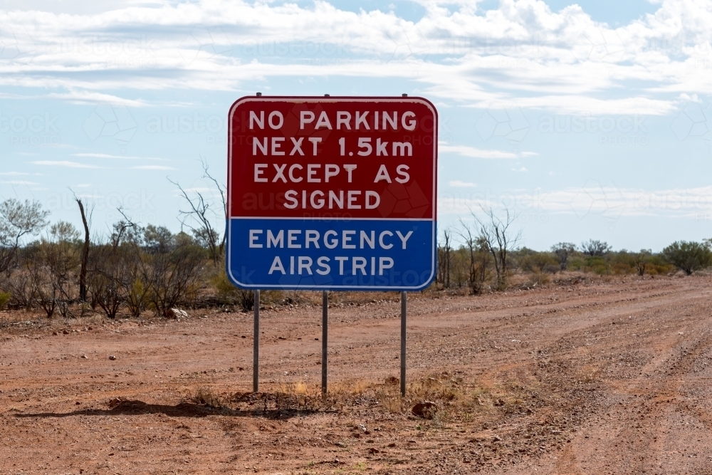 Image of Emergency Airstrip road sign in remote area - Austockphoto