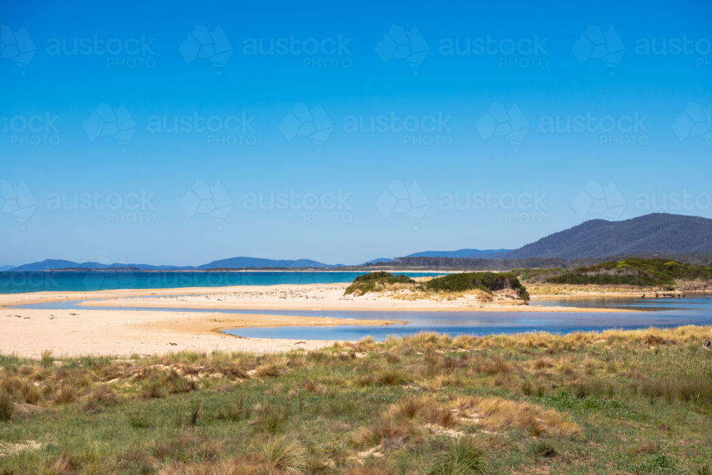 Empty beaches with grass and blue sky - Australian Stock Image