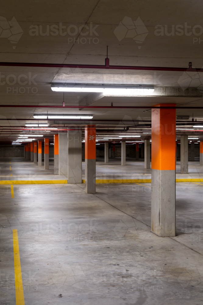 Empty commercial car park lanes and pylons. - Australian Stock Image