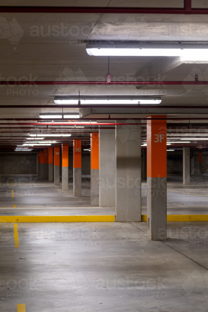 Empty commercial car park lanes and pylons. - Australian Stock Image