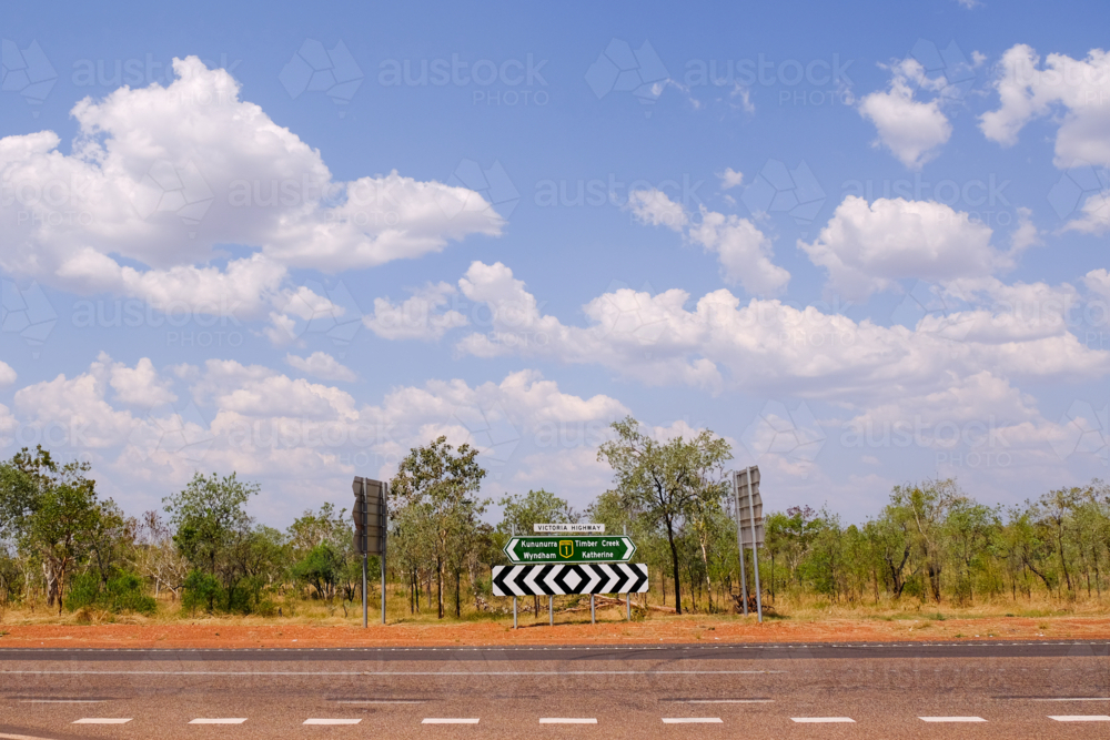 Image of Empty country road with town distance sign at T intersection ...